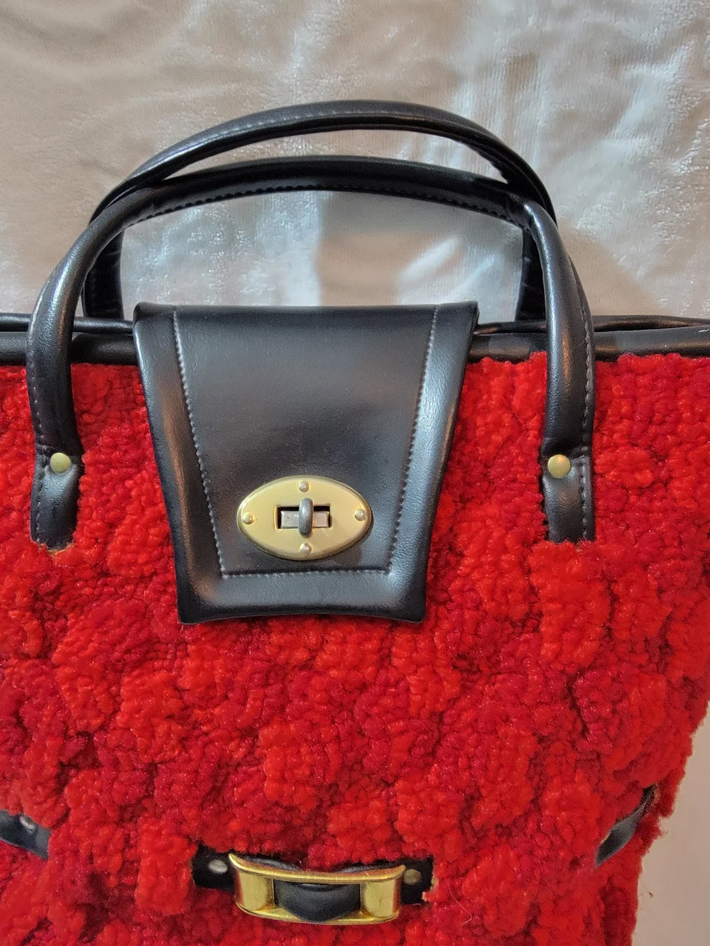 Vintage 60's Carpet Red Faux Shearling  Bag with Black Trim